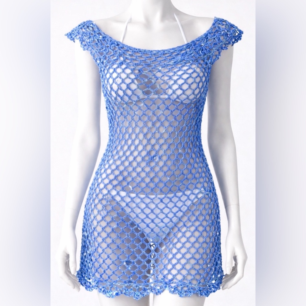 Handmade Blue Crochet Cover-Up Dress – Shimmer Open Knit S/M